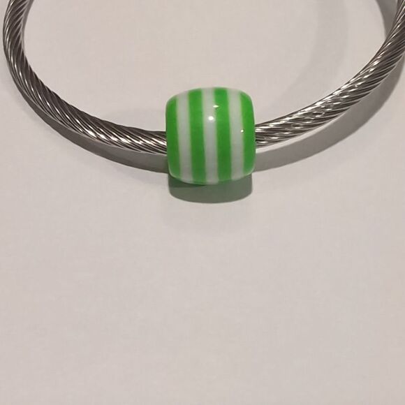 Green and White Striped Charm for Pandora Style Bracelet - Picture 1 of 4